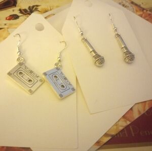 Set of 2 Dangle Earrings Silver Tone Cassette Tape & Microphone NWOT
